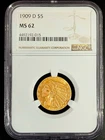 NGC MS62 1909-D Indian $5 Gold Eagle 0.2419 Oz Gold US Coin 4492192-015
