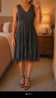 Elegant Jacques Vert Grey Chiffon Occasion Dress – UK 14 – Wedding Guest/ Cruise