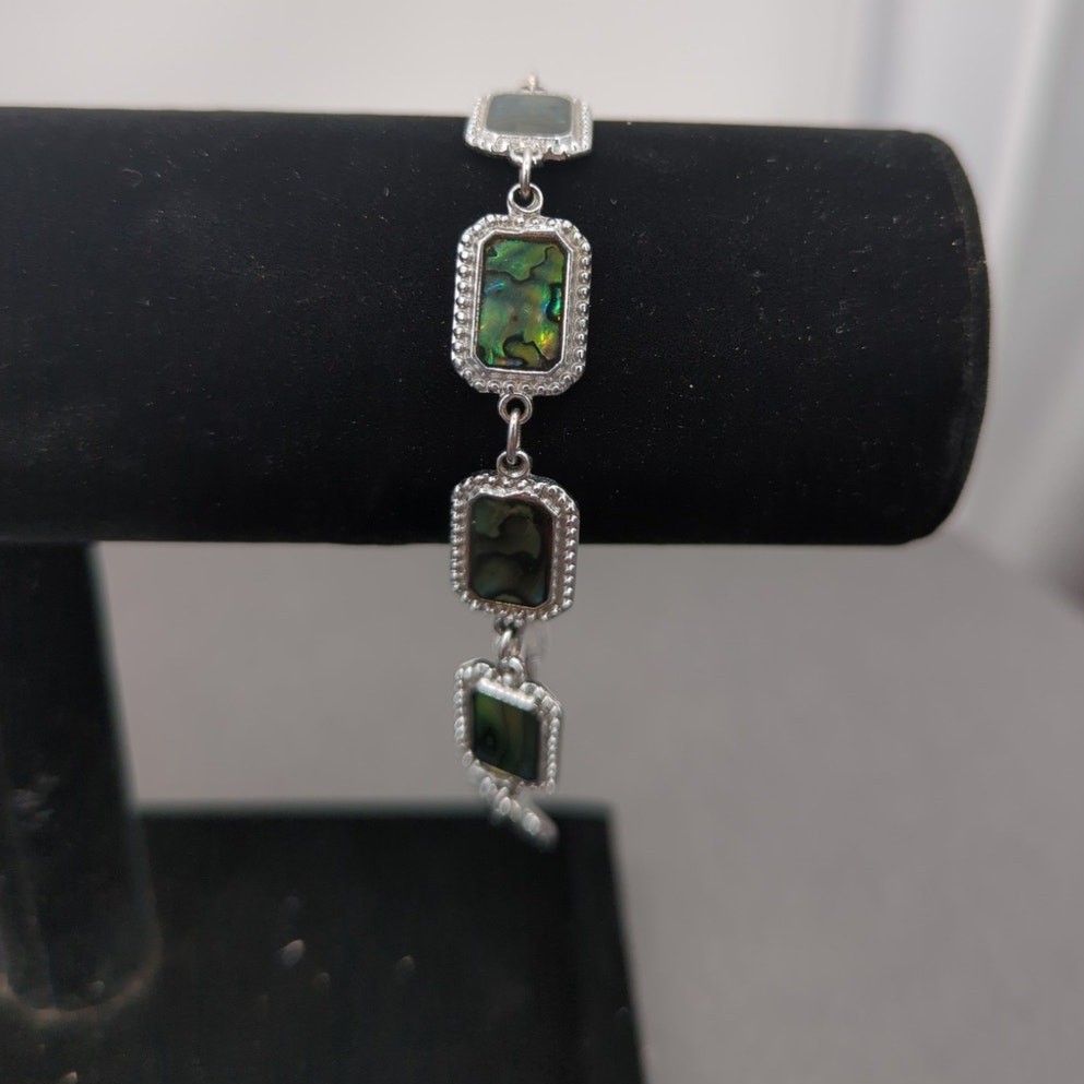 Vintage Abalone Inlay Rectangular Link Silver Bra… - image 6