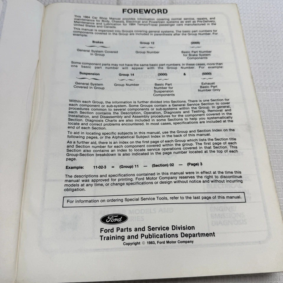 Vintage 1984 Shop Manual Ford Tempo Mercury Topaz USA Book Automobile Repair - Image 3 of 3