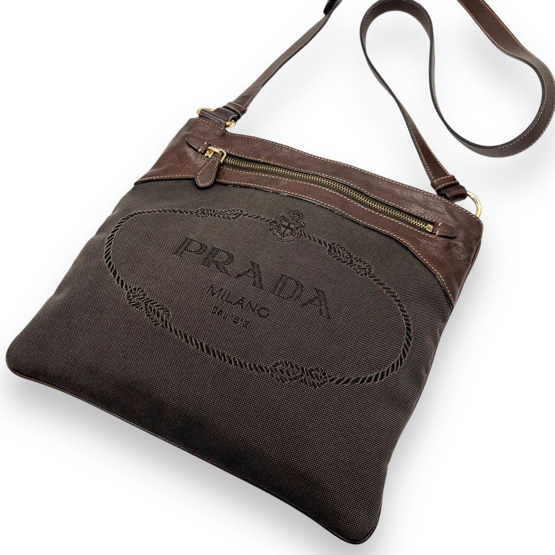 PRADA dark brown logo jacquard canvas crossbody shoulder bag excellent condition