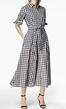 Calvin Klein Gingham Shirt Dress Size 4 Midi Belted Black White