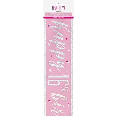 Unique 83490 Pink Birthday Foil Banner-9' Silver   1 Pc, Age 16 Pink Age 16 Foil