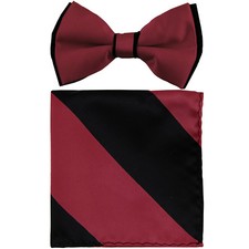 New formal Men's polyester pre-tied bow tie hankie black burgundy stripes prom