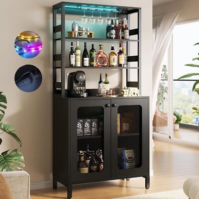 67" Tall Wine Bar Cabinet Liquor Cabinet with LED  Power Outlets  Glass  Holder | eBay