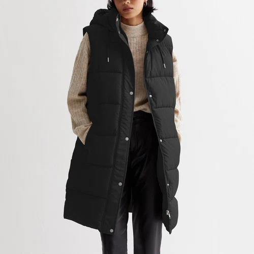 Womens Long Down Cotton Vest Puffer Vest Hooded Padded Winter Vest Jacket - Imagen 3 de 11