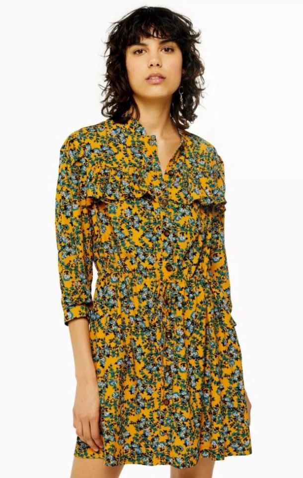 Mini Camisa Vestido Boho TopShop Para Mujer 4 Amarillo Paisley Volantes Floral Con Botones Foto 2 de 4