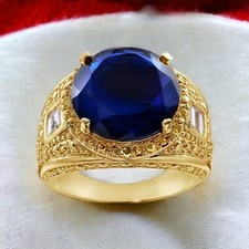 Blue Sapphire With 14K Solid Yellow Gold Ring For Men's AL347