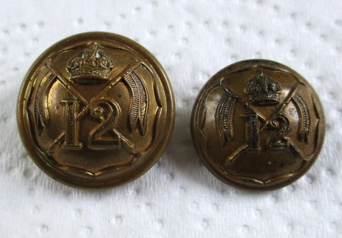 2x British Army:"12th ROYAL LANCERS BRASS BUTTONS" (22mm-18mm, WW1-WW2 Period)
