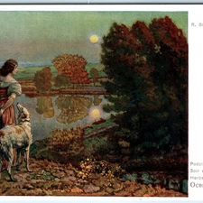 c1900s Prague, Czech Republic Autumn Evening Dog Moonrise Reflection R. Bem A356