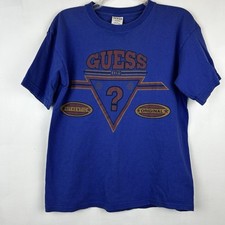 Vtg 90s Guess T Shirt L Triangle Logo Graphic Streetwear Retro 80s Blue Read