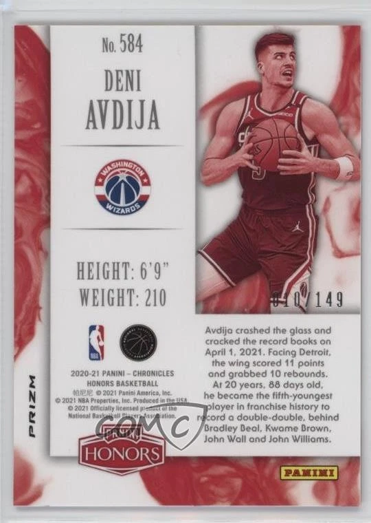 2020-21 Panini Chronicles Honors Red /149 Deni Avdija #584 Rookie RC - Image 2 of 2