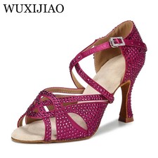 Latin Dance Shoes Women Satin Shiny Rhinestone Cuban High Heels Salsa Footwear