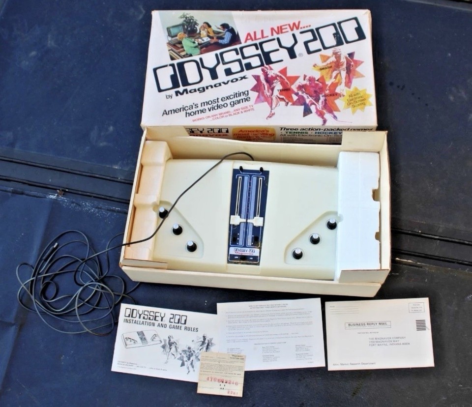 A 1975 Magnavox Odyssey 200 — one of the earliest home video game consoles ever made, with original box and paperwork, basically a playable gaming artifact.