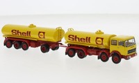 Brekina 58553 - 1/87 Fiat 691 Millepiedi, Gelb/Rot, Shell, Tankzug, 1970 - Neu