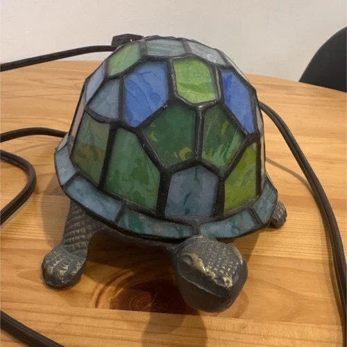 Vintage Stained Glass Tiffany Turtle Accent Lamp Green Blue Mosaic