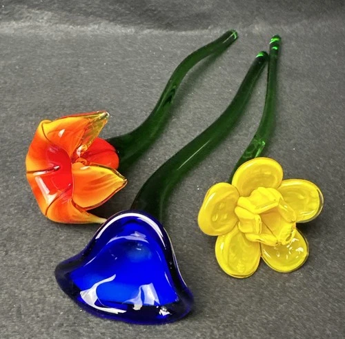 VTG Set of 3 Murano Style Long Stem Art Glass Flowers Hand Blown Yellow Red Blue