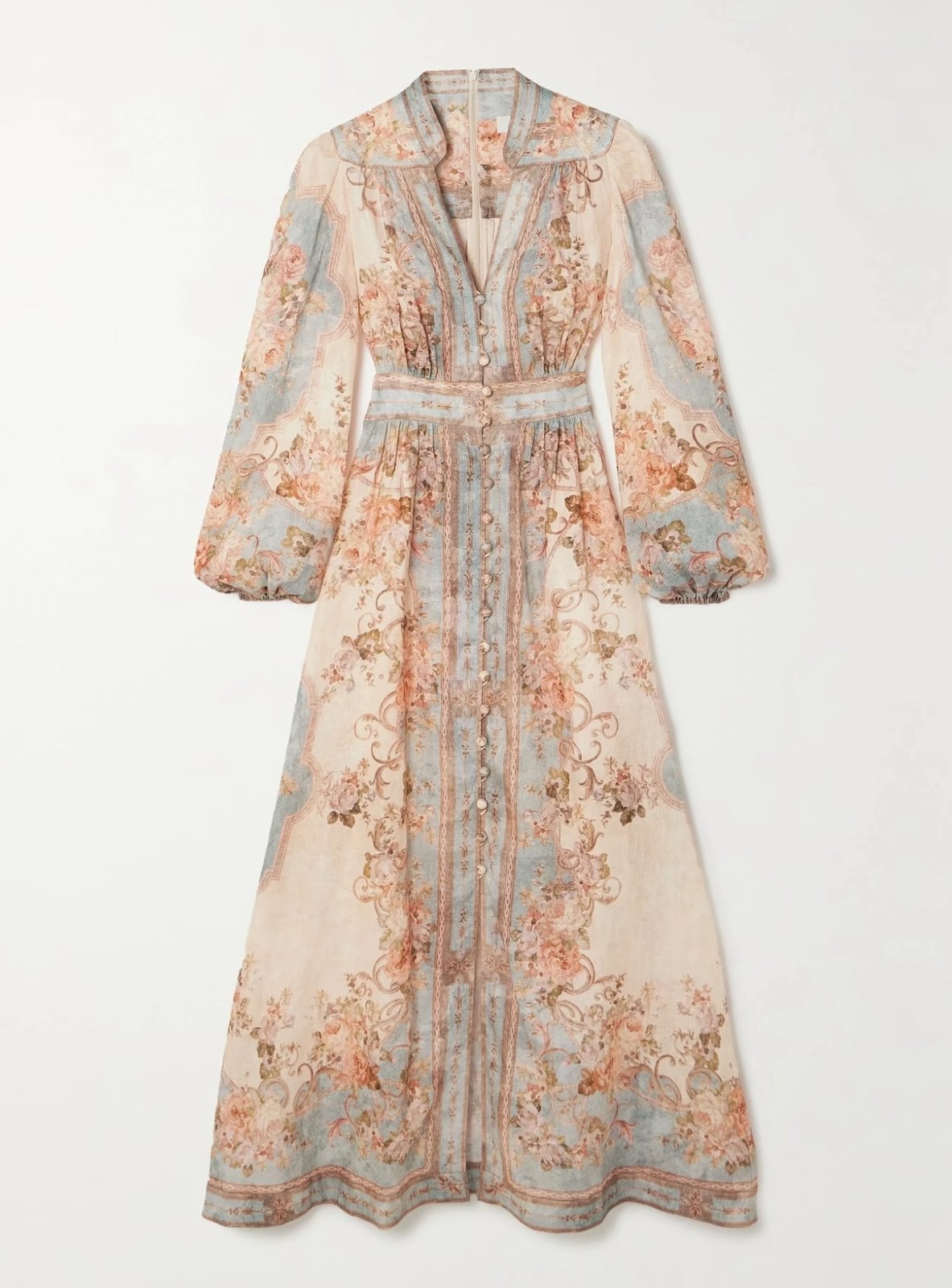 NWT Zimmermann New Boho Linen Print V-Neck High Waist Long Sleeve Maxi Dress