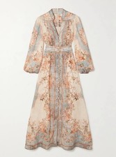 NWT Zimmermann New Boho Linen Print V-Neck High Waist Long Sleeve Maxi Dress