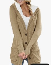 Women s cardigan Sweater Hooded Warm Fleece-lined Button-down Jacket Khaki