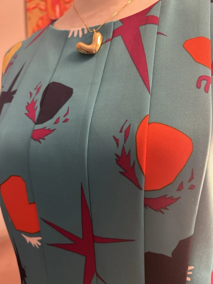 Anne Klein 女式优雅蓝色明亮图案无袖迷笛连衣裙 6 码 — 第 3/4 张图片