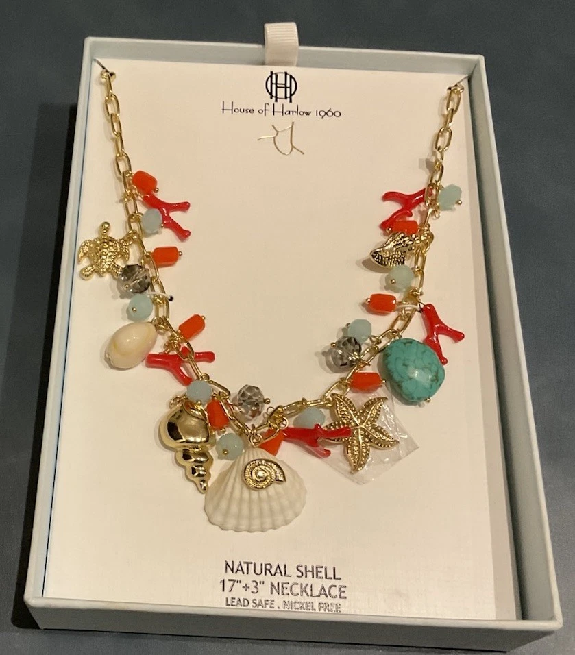 House of Harlow 1960 Coastal Shell Stone Gold Charm Necklace 17” + 3” Beach - Image 3 of 4
