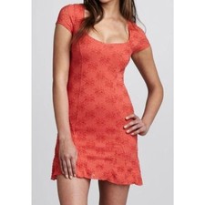 Free People Dress Womens Size S Square Neck Floral Eyelet Flare Hem Boho Orange