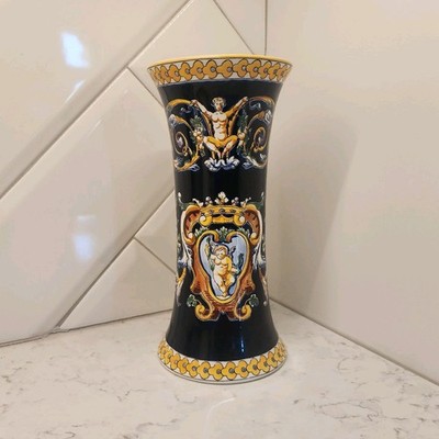 Gien Hand Painted Faience Ceramic Vase Cherub Floral France Decorative