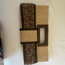 Beige Brown Woven Rectangle Clutch Bag with Buckle Accent Cutout Detail