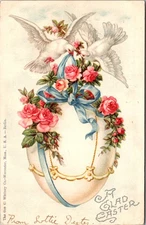 Postcard A Glad Easter doves blue ribbon roses egg Geo Whitney 1907