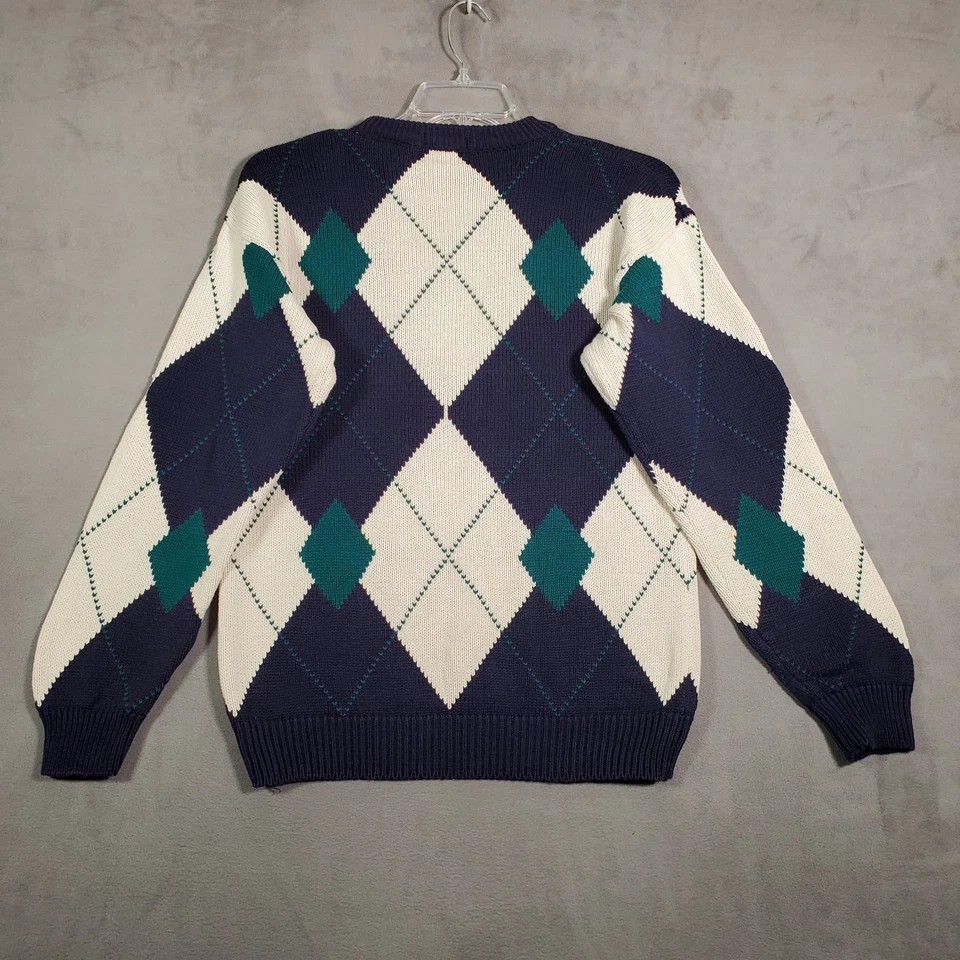 VTG Lord & Taylor Sweater Mens M Blue Ivory Argyle Cotton Pullover Preppy Golf - Image 2 of 4