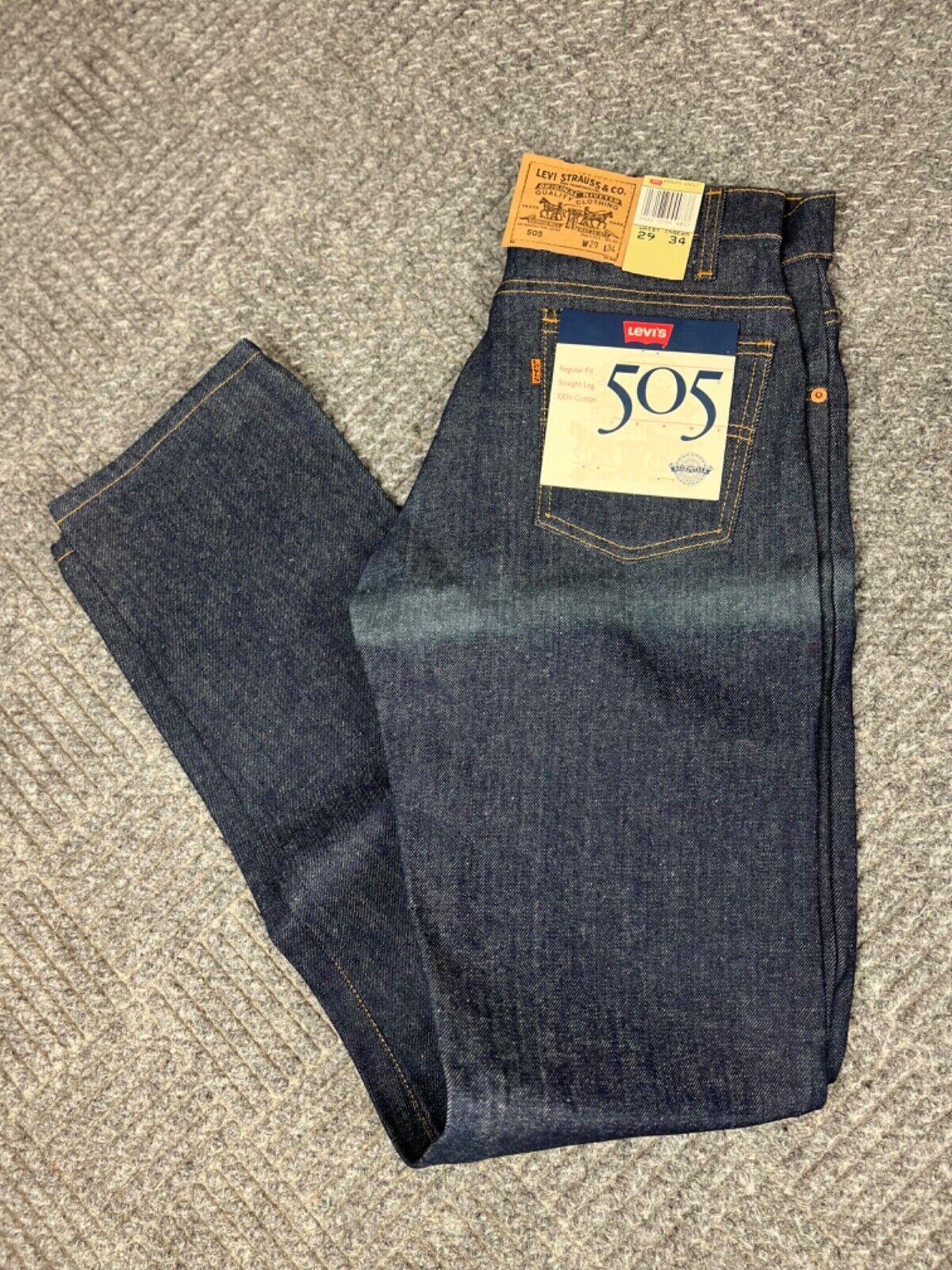 Vintage 90s Levis 505 Straight Leg Mens 29x34 Dark Wash Orange Tab Deadstock NOS