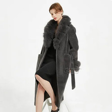 Fleece Coat With Fox Fur Collar & Cuffs In Charcoal