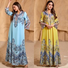 Modest Print Kaftan Women Dubai Long Dress Abaya Muslim Robe Ramadan Gown Party
