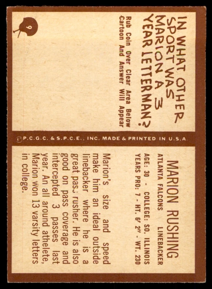 1967 Philadelphia Marion Rushing Rookie b Atlanta Falcons #9 - Image 2 of 2