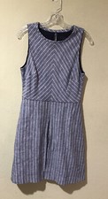 J. Crew Linen Dress 8 Blue Stripe Sleeveless Fit & Flare Open Back Pockets D5
