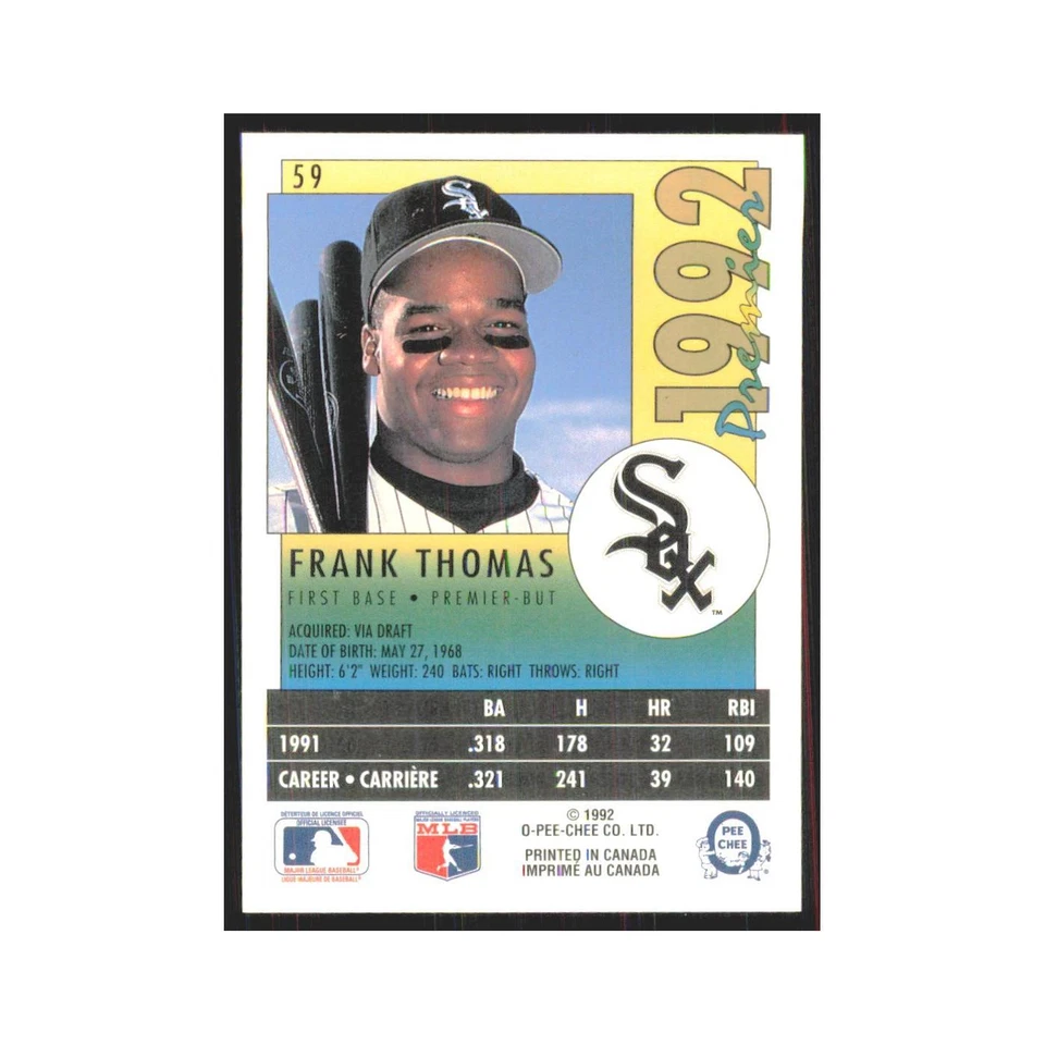 1992 O-Pee-Chee Premier Frank Thomas White Sox #59 - Image 2 of 3