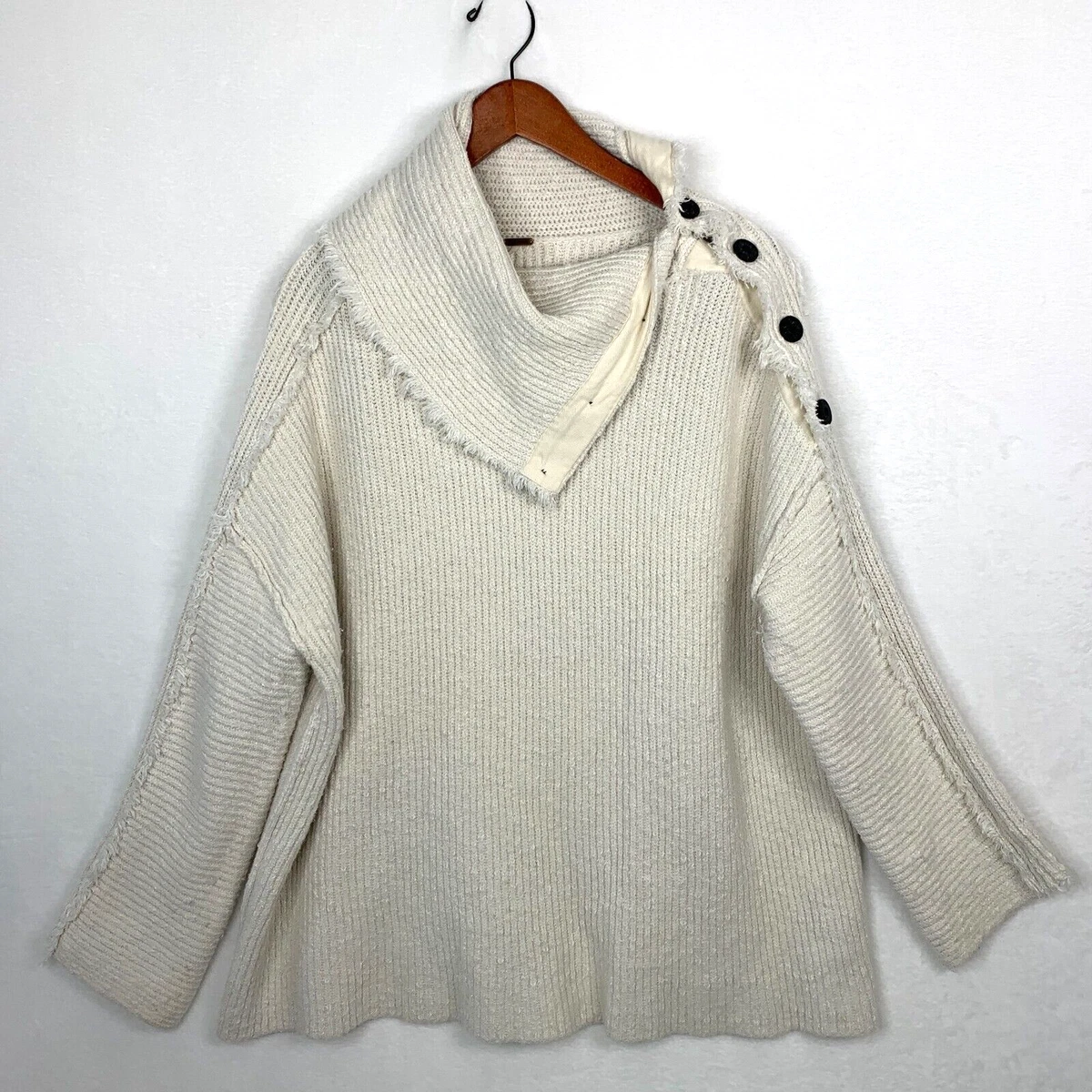 Free People On My Side Sweater L Ivory High Neck Button Trim