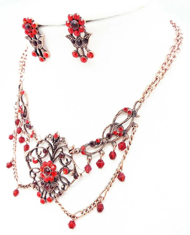DESIGNER INSPIRED 19in RED CRYSTAL SILVER VICTORIAN DROP DANGLE JEWELERY SET NEW - Image 3 of 4