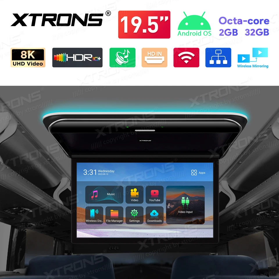 19.5" Android 2+32G Car TV Roof Flip Down Monitor HDMI 8K Video WiFi Mirror Link - Image 4 of 4