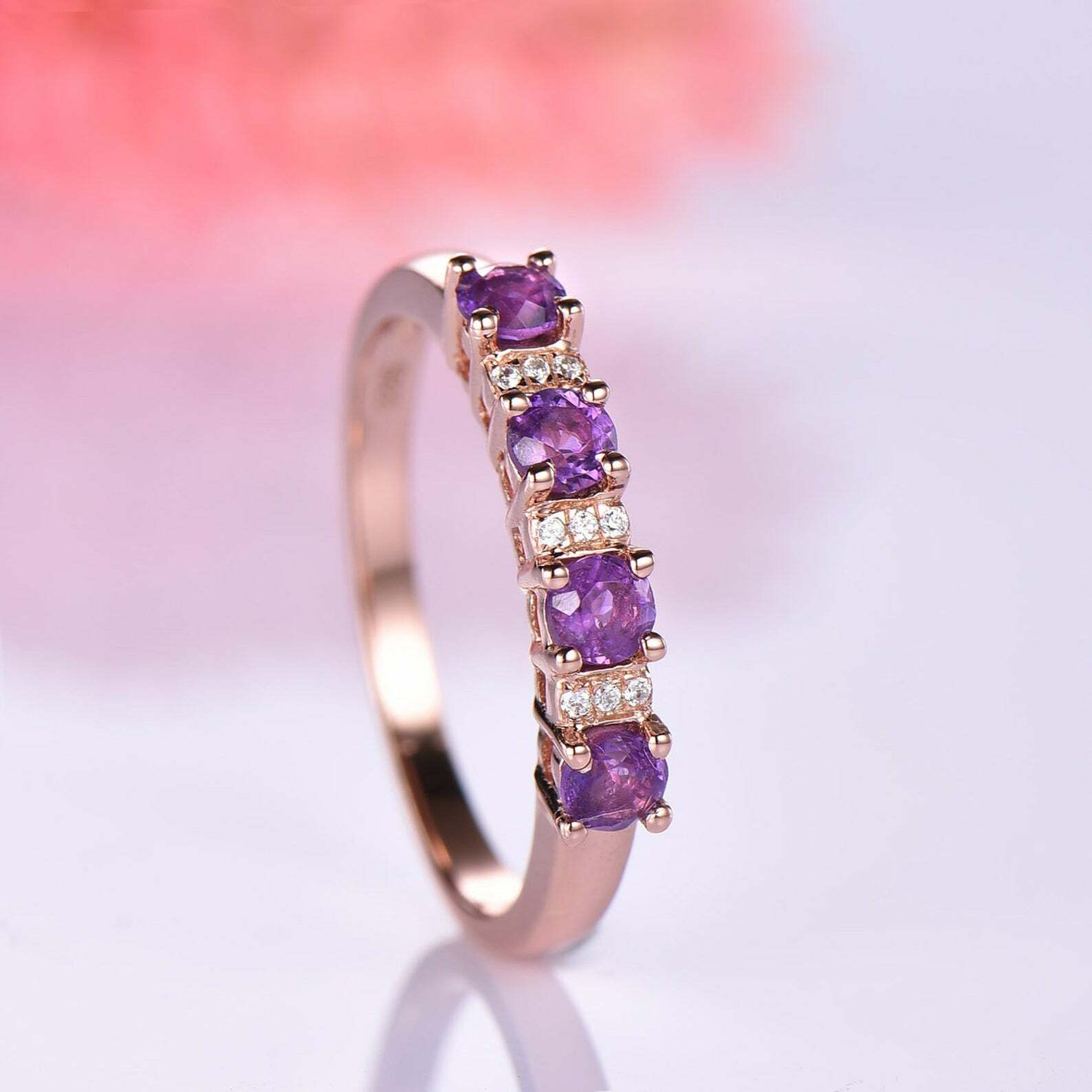 Natural Purple Amethyst Half Eternity Wedding Band in Rose Gold Plated Silver-image