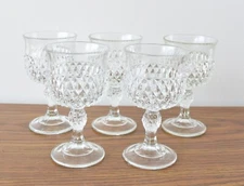 Set Of 5 Indiana Glass Clear Crystal Diamond Point Wine Goblets 5.24"H 