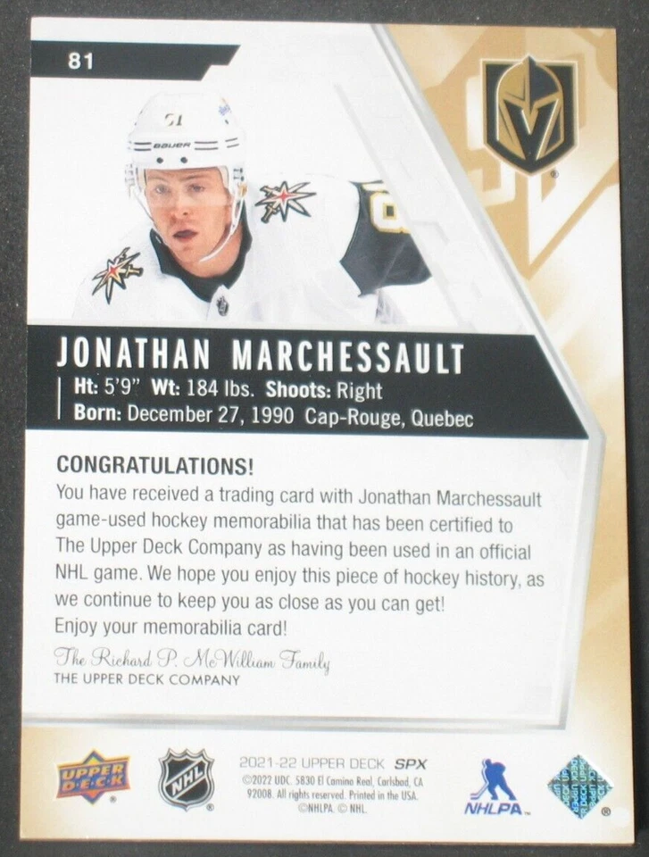 Jonathan Marchessault 2021-22 Upper Deck SPx Game Jersey Vegas Golden Knights 81 - Image 2 of 2