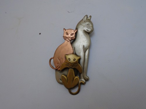 Vintage Copper Brass Silver Tone 3 Cat Figural Brooch Pin - Picture 5 of 5