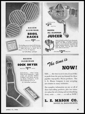 1946 L. E. Mason Company Boston Sock Dryer Broil Racks Juicers Vintage Print Ad