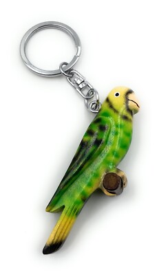 Handmade Wooden Keyring Parrot Budgie Poison Green Parakeet Bird 