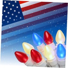 Red White and Blue String Lights, 4th of July, C3 Glass 50 LED Red White Blue
