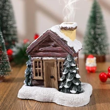 Christmas Log Cabin Incense Burner - Christmas Village Houses with 2 Incense Con