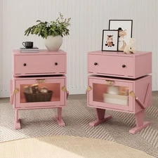 Nightstands Set of 2 with Light Strips, Pink End Table with 360° Rotating Dra...