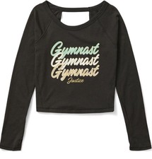 NWT Justice Girls Sz XL 16/18 "Gymnast" Graphic Long Sleeve Black T-Shirt Logo